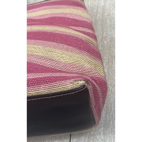 Anne Klein 2 Medium Pink & Yellow Striped Canvas Grab Handbag with Brown Trim - Picture 7 of 16